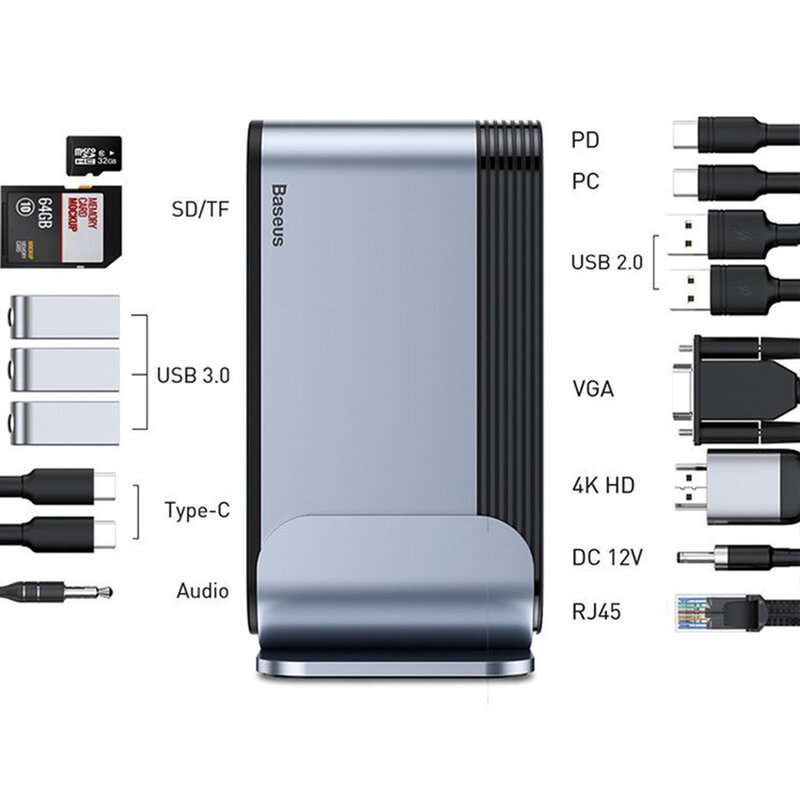 Hub USB Baseus, docking station Type-C, HDMI, SD, gri, CAHUB-BG0G
