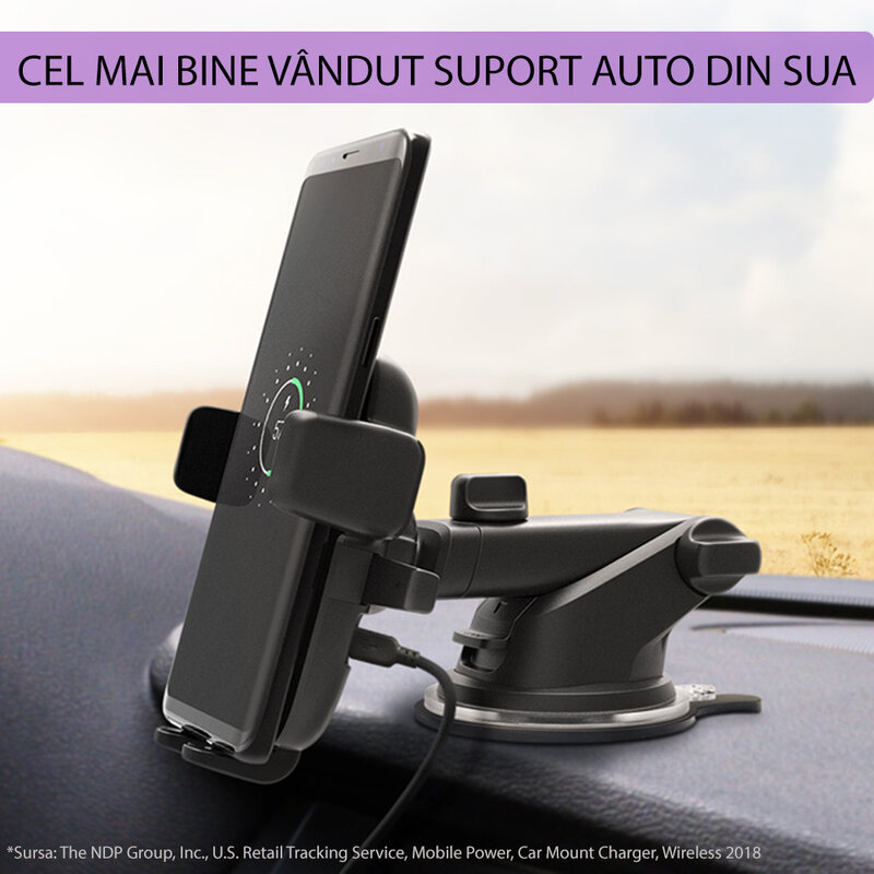 Suport telefon auto IOttie EOT wireless pentru bord, parbriz, negru