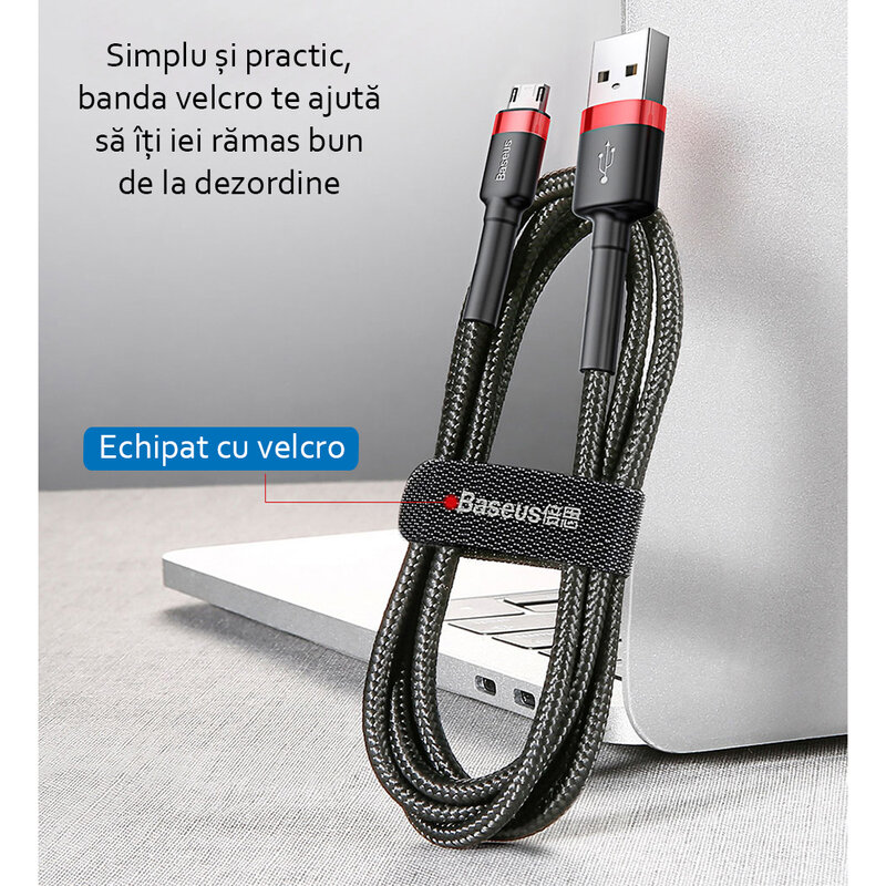 Cablu de date Micro-USB Baseus Cafule 0.5M Lungime Cu Invelis Textil - Negru - Gri CAMKLF-AG1