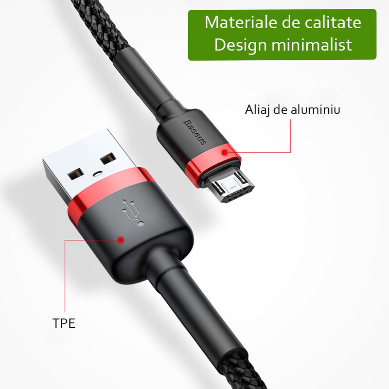 Cablu de date Micro-USB Baseus Cafule 0.5M Lungime Cu Invelis Textil - Negru - Gri CAMKLF-AG1