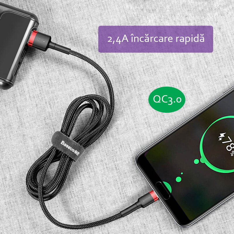 Cablu de date Micro-USB Baseus Cafule 0.5M Lungime Cu Invelis Textil - Negru - Gri CAMKLF-AG1