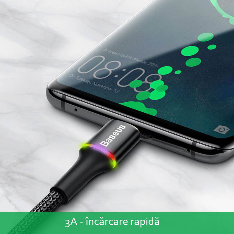 Cablu de date Baseus Halo 50CM USB - USB Type-C 3.0A - Negru CATGH-A01