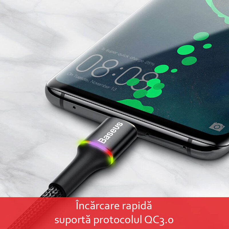 Cablu de date Baseus Halo 2M USB - USB Type-C 2.0A - Negru CATGH-C01