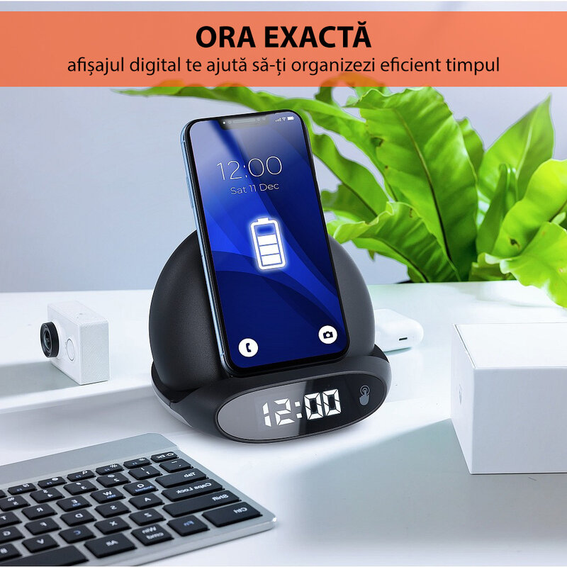 Incarcator wireless Mobster cu ceas desteptator, 15W, negru, L-AC-015