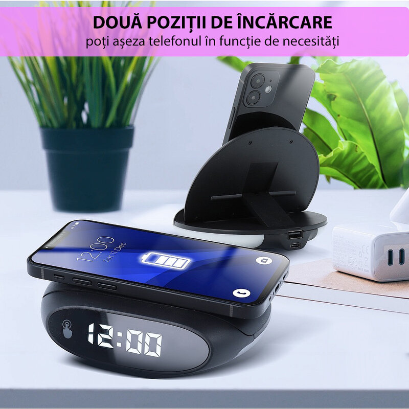 Incarcator wireless Mobster cu ceas desteptator, 15W, negru, L-AC-015