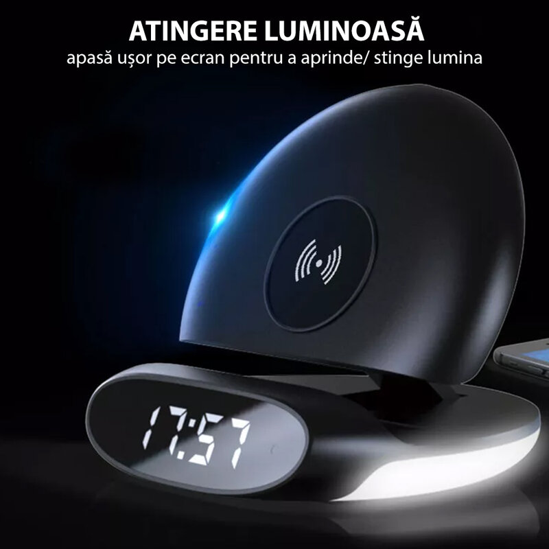 Incarcator wireless Mobster cu ceas desteptator, 15W, negru, L-AC-015