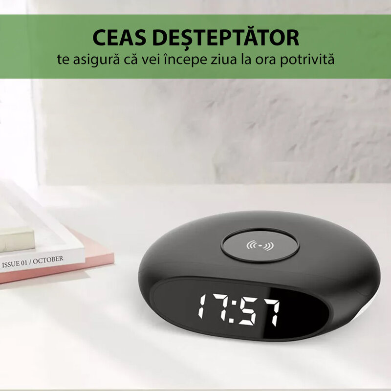 Incarcator wireless Mobster cu ceas desteptator, 15W, negru, L-AC-015