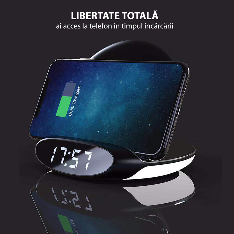 Incarcator wireless Mobster cu ceas desteptator, 15W, negru, L-AC-015