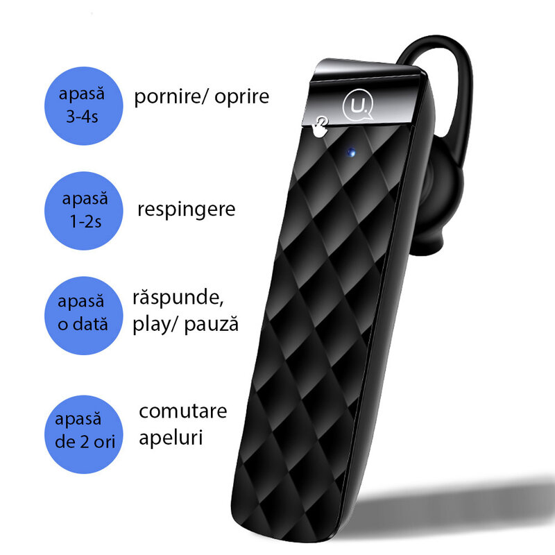 Casca wireless universala Usams BT1 cu Bluetooth si microfon, negru
