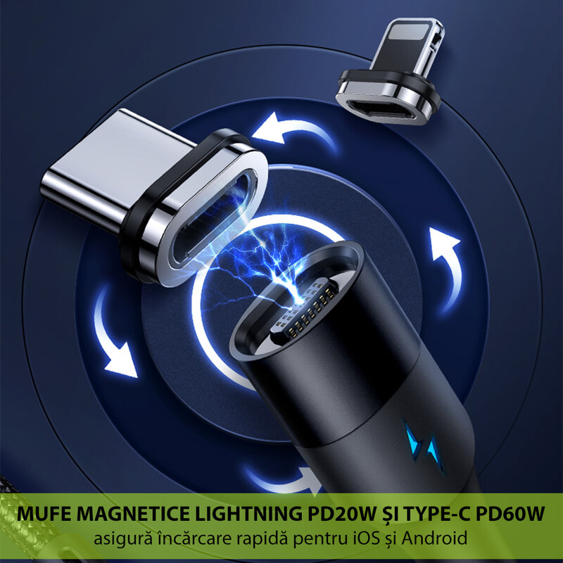 Cablu magnetic Type-C la Lightning 20W, Type-C PD 60W, Usams U66, 1.2m, albastru