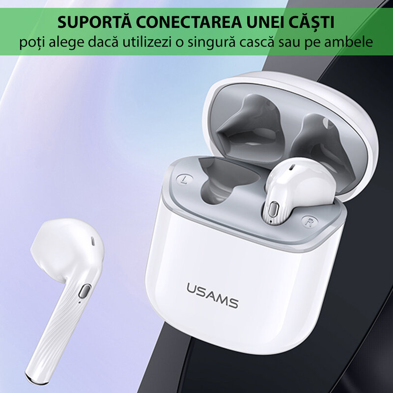 Casti wireless in-ear Usams, TWS earbuds, Bluetooth, alb, BHUSY01