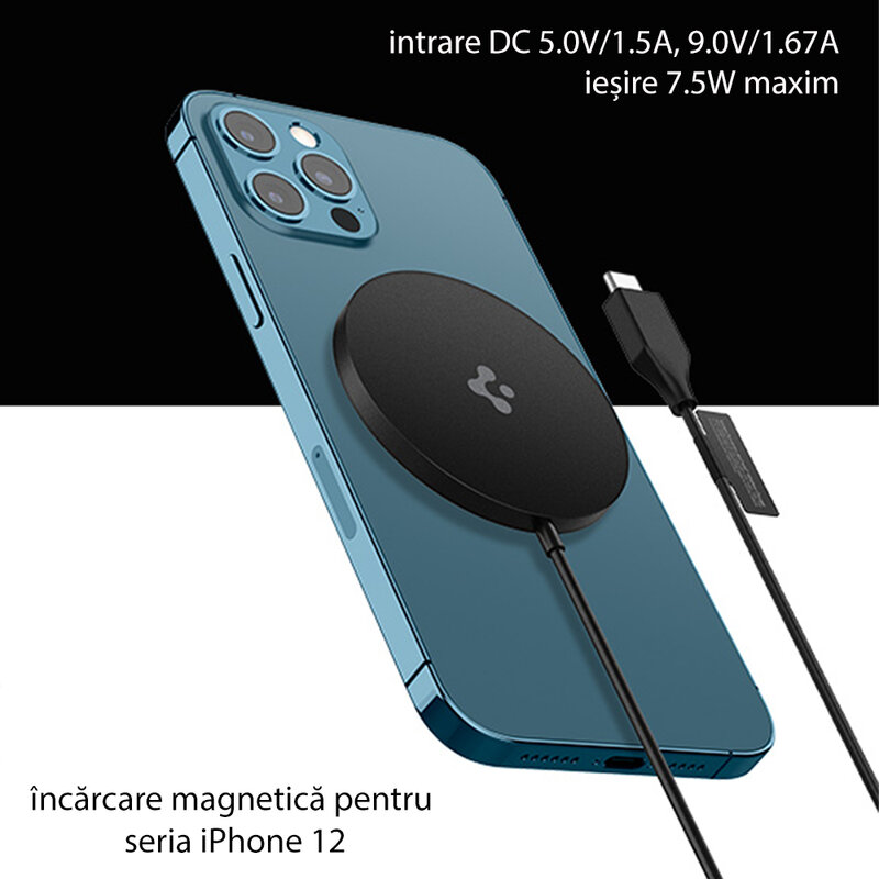 Incarcator iPhone 12 wireless MagSafe Spigen PF2009, 7.5W, cablu Type-C, negru