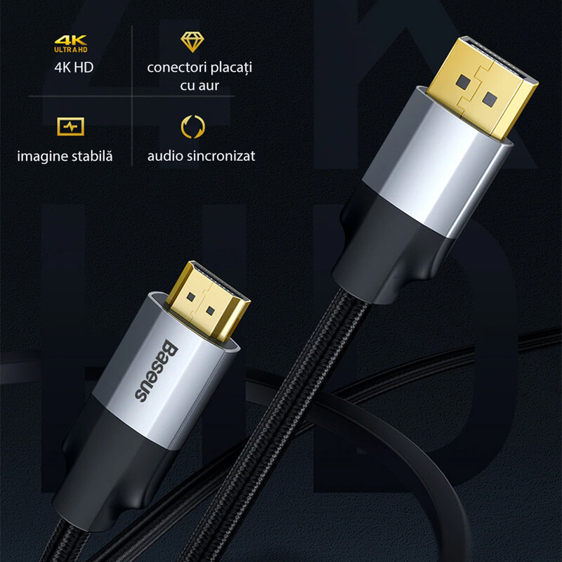 Cablu adaptor DisplayPort la HDMI Baseus, convertor video 4K@60Hz, 1m, gri, CAKSX-H0G