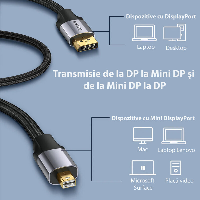 Cablu adaptor Mini DisplayPort la DisplayPort Baseus, 4K@60Hz, 3m, gri, CAKSX-P0G