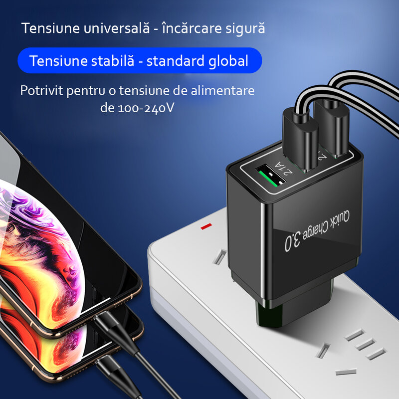 Incarcator Priza Qualcomm Fast 3xUSB 4.8A Quick Charge USB 3.0 - Alb/Gri