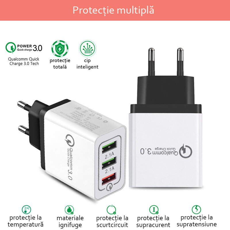 Incarcator Priza Qualcomm Fast 3xUSB 4.8A Quick Charge USB 3.0 - Alb/Gri