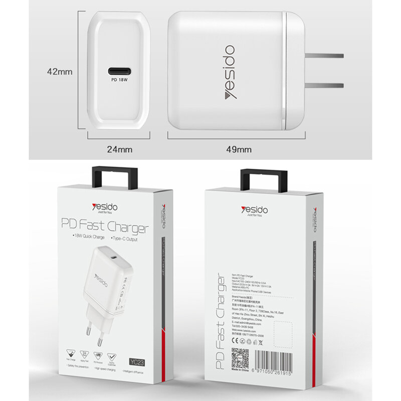 Incarcator priza Yesido YC23, Type-C PD 18W, 3A, alb