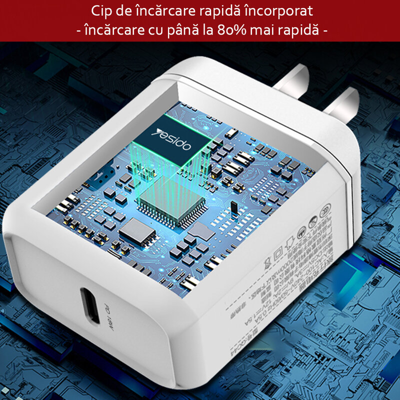 Incarcator priza Yesido YC23, Type-C PD 18W, 3A, alb