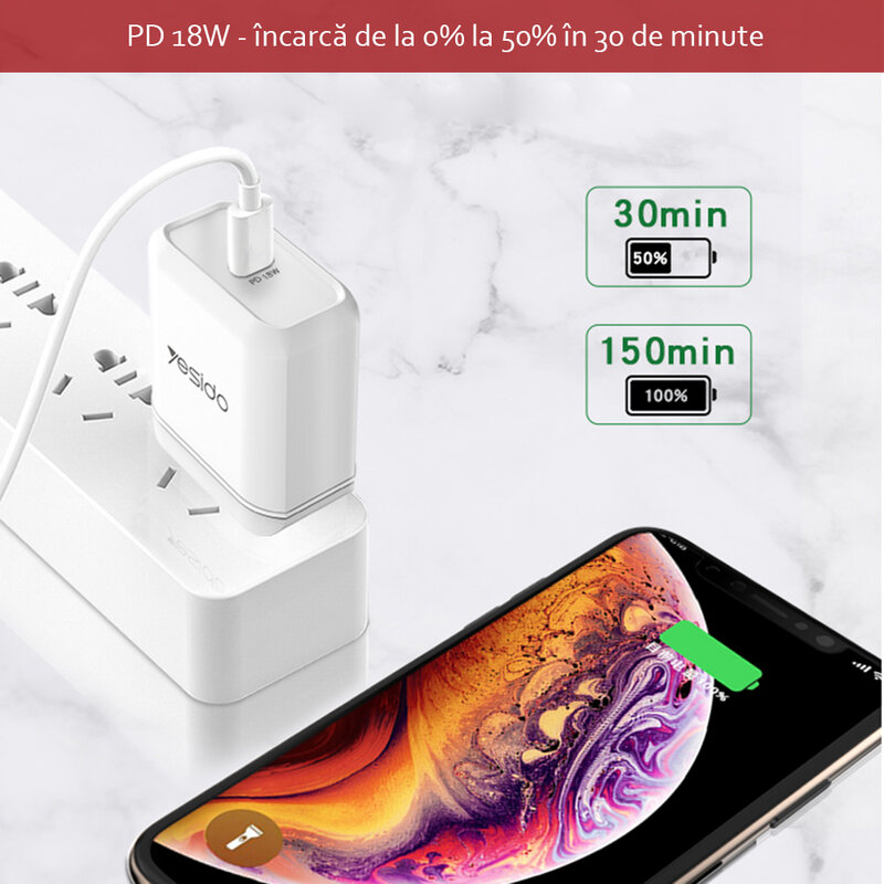 Incarcator priza Yesido YC22, USB QC3.0 18W, 3A, alb