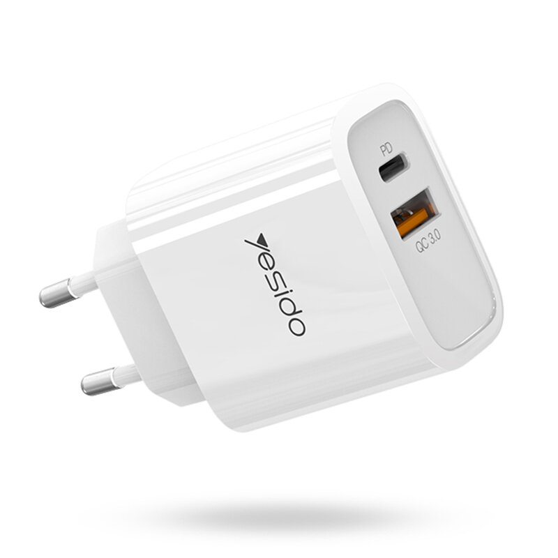 Incarcator priza Yesido YC24, USB-A QC3.0, Type-C PD 18W, 3A, alb