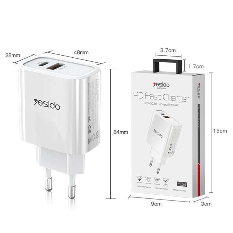 Incarcator priza Yesido YC24, USB-A QC3.0, Type-C PD 18W, 3A, alb