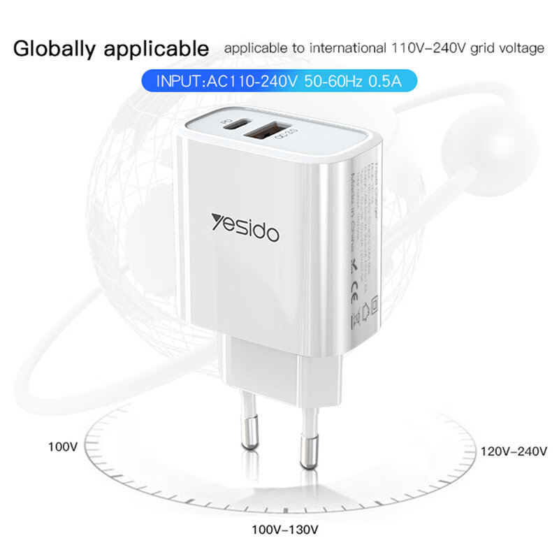 Incarcator priza Yesido YC24, USB-A QC3.0, Type-C PD 18W, 3A, alb