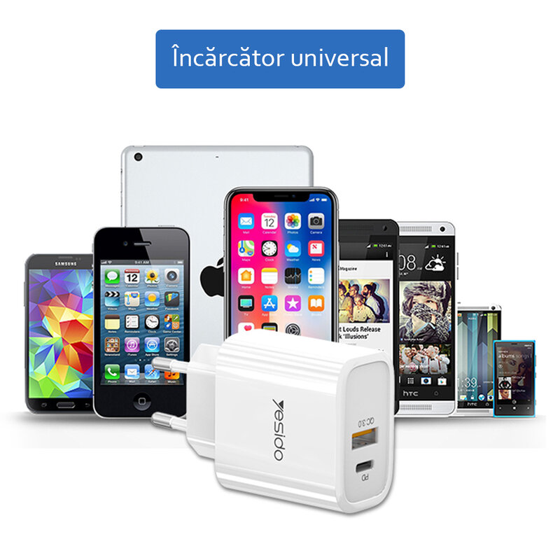 Incarcator priza Yesido YC24, USB-A QC3.0, Type-C PD 18W, 3A, alb