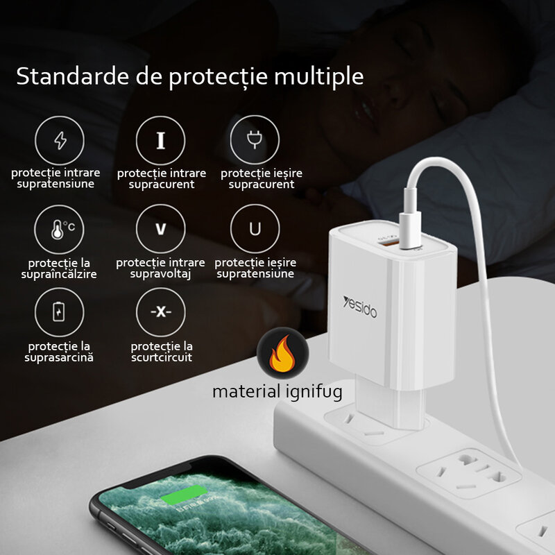 Incarcator priza Yesido YC24, USB-A QC3.0, Type-C PD 18W, 3A, alb