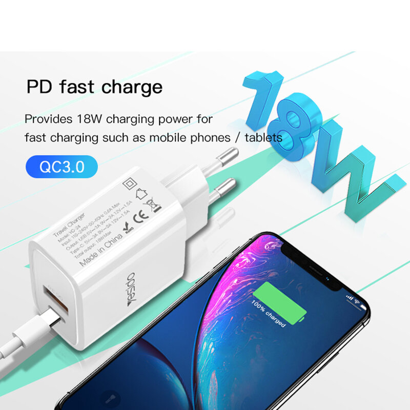 Incarcator priza Yesido YC24, USB-A QC3.0, Type-C PD 18W, 3A, alb