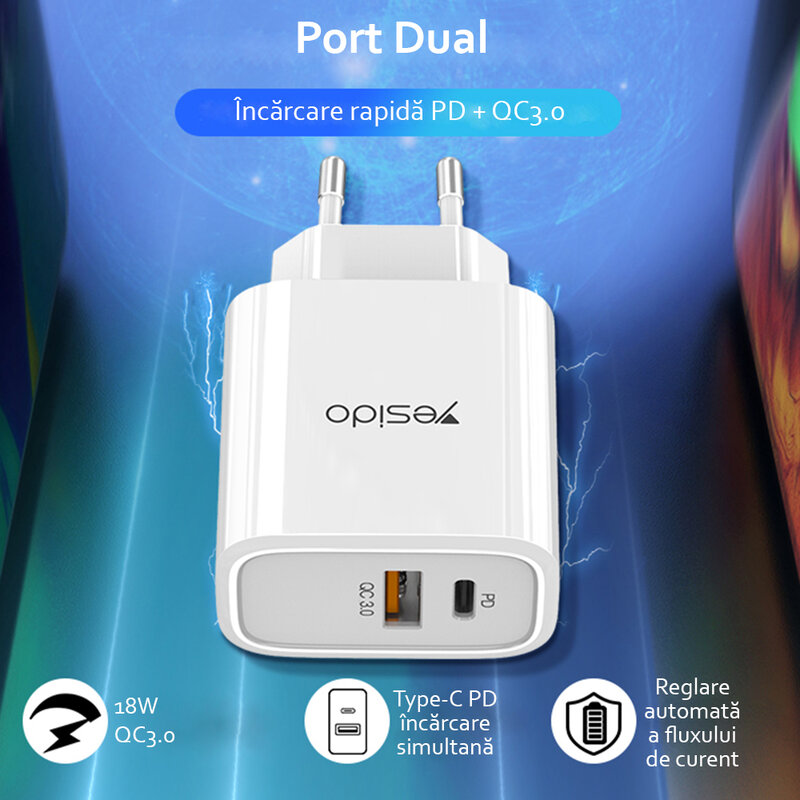 Incarcator priza Yesido YC24, USB-A QC3.0, Type-C PD 18W, 3A, alb