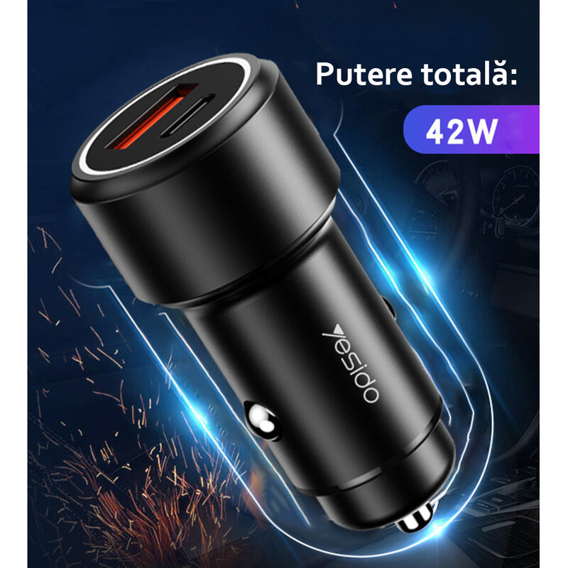 Incarcator auto Yesido Y42, USB QC3.0 18W, Type-C PD 24W, 3A, negru