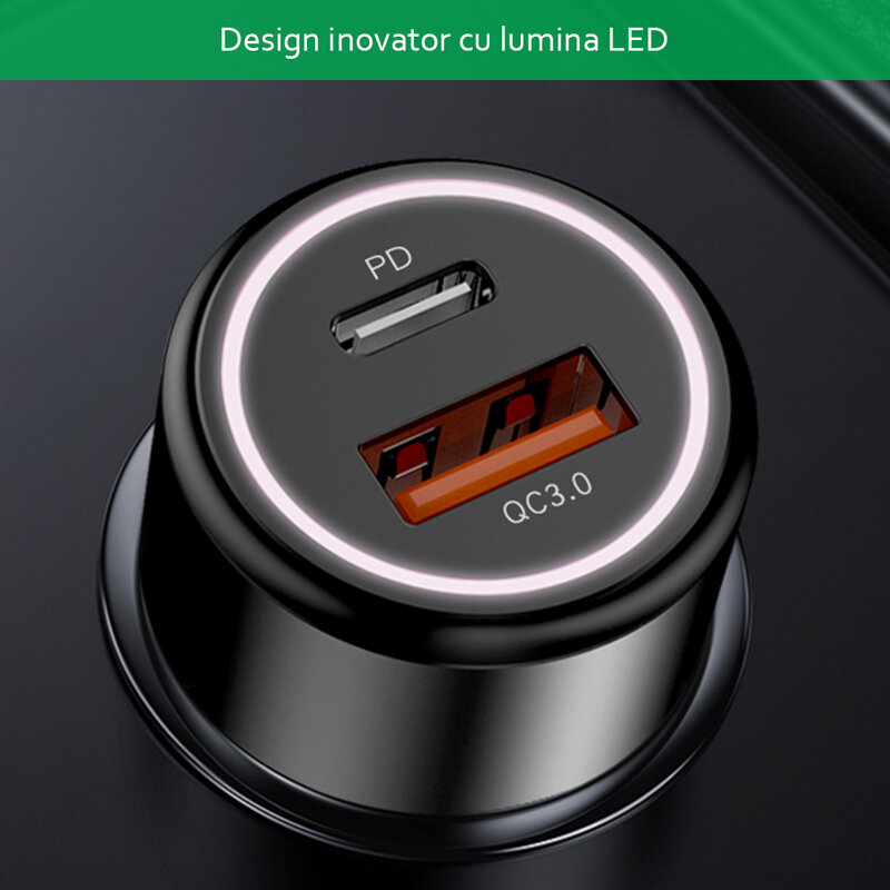 Incarcator auto Yesido Y42, USB QC3.0 18W, Type-C PD 24W, 3A, negru