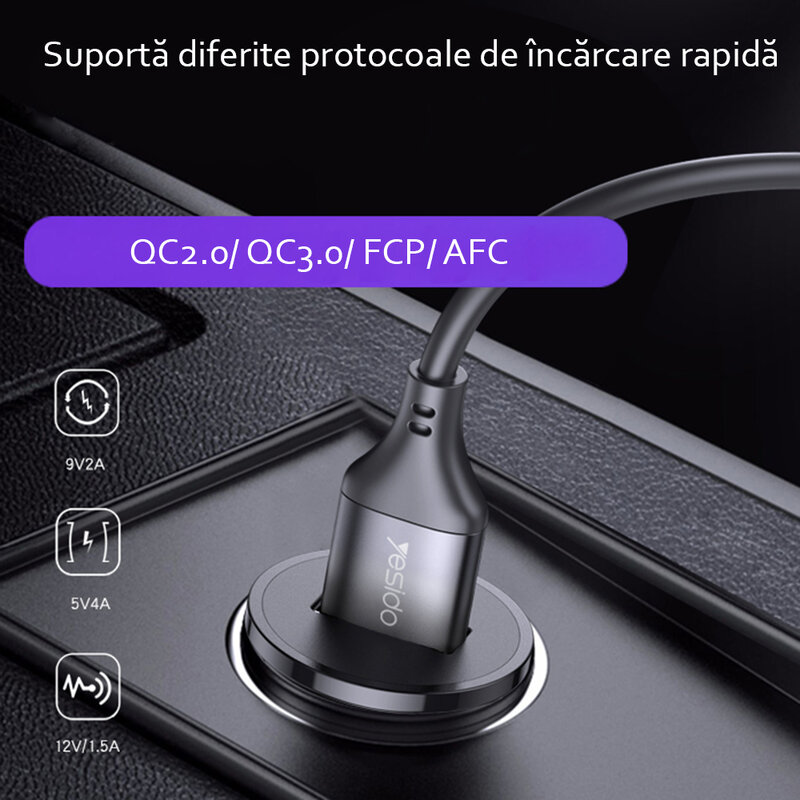 Incarcator auto Yesido Y38, USB QC2.0, QC3.0, FCP, AFC 18W, 3A, negru