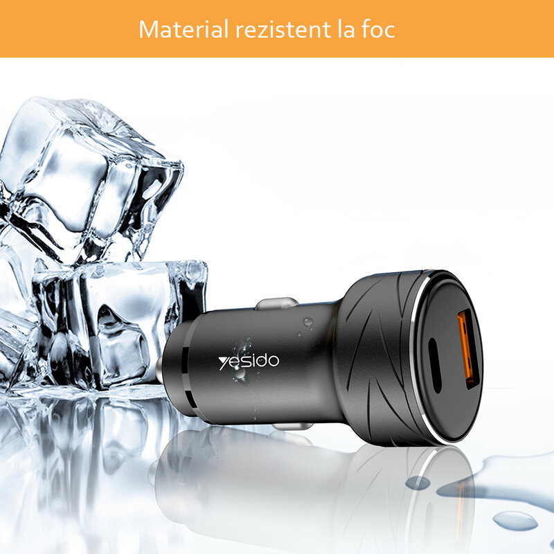 Incarcator auto Yesido Y35, USB-A QC3.0 18W, Type-C PD 18W, 3A, negru