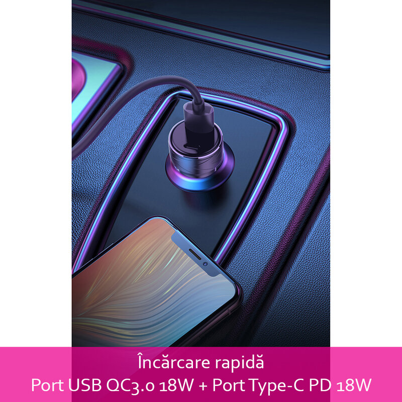 Incarcator auto Yesido Y35, USB-A QC3.0 18W, Type-C PD 18W, 3A, negru