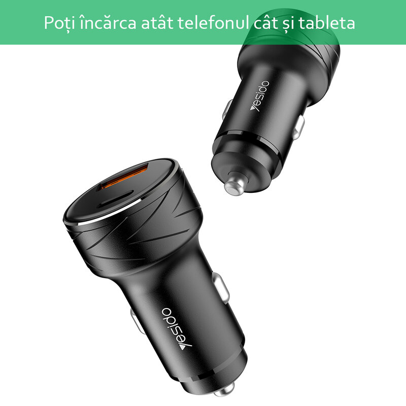 Incarcator auto Yesido Y35, USB-A QC3.0 18W, Type-C PD 18W, 3A, negru