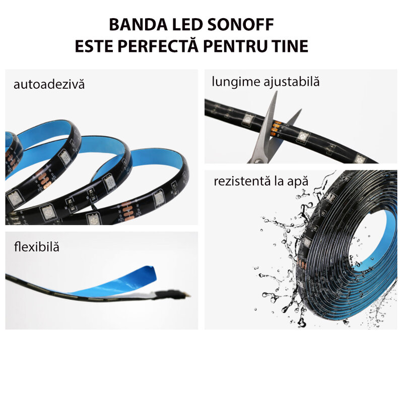 Extensie banda LED RGB smart Wi-Fi Sonoff rezistenta la apa, 2m