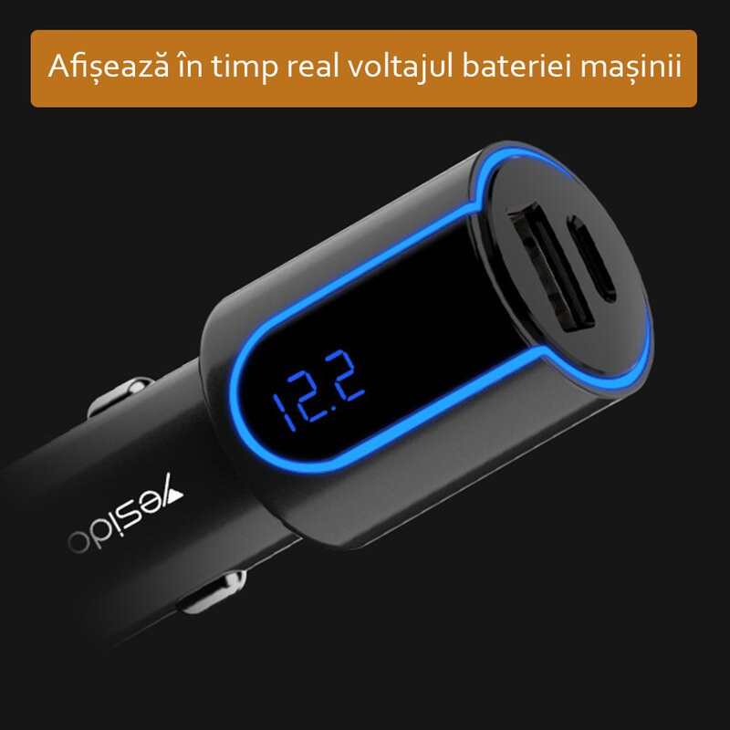 Incarcator auto Yesido Y32, USB QC3.0 18W, Type-C PD 18W, 3A, negru