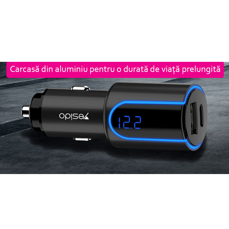 Incarcator auto Yesido Y32, USB QC3.0 18W, Type-C PD 18W, 3A, negru