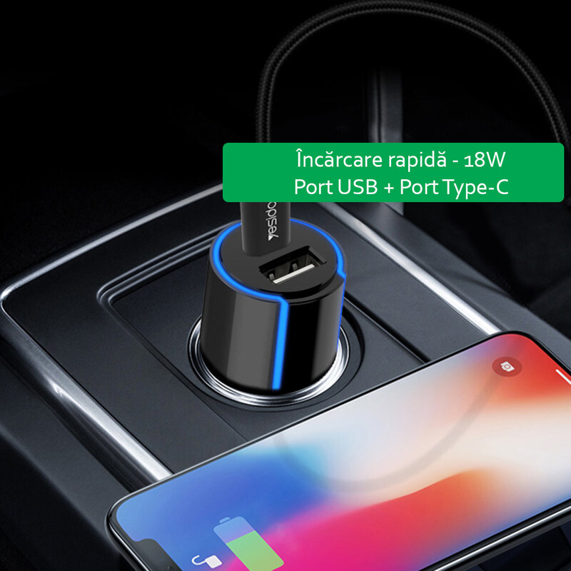 Incarcator auto Yesido Y32, USB QC3.0 18W, Type-C PD 18W, 3A, negru