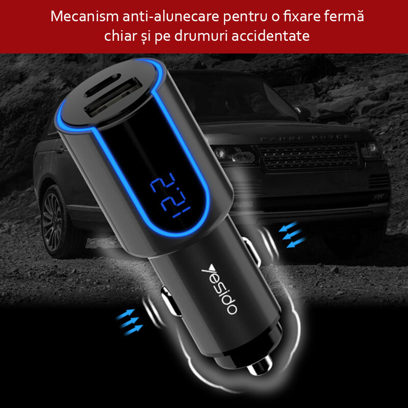 Incarcator auto Yesido Y32, USB QC3.0 18W, Type-C PD 18W, 3A, negru