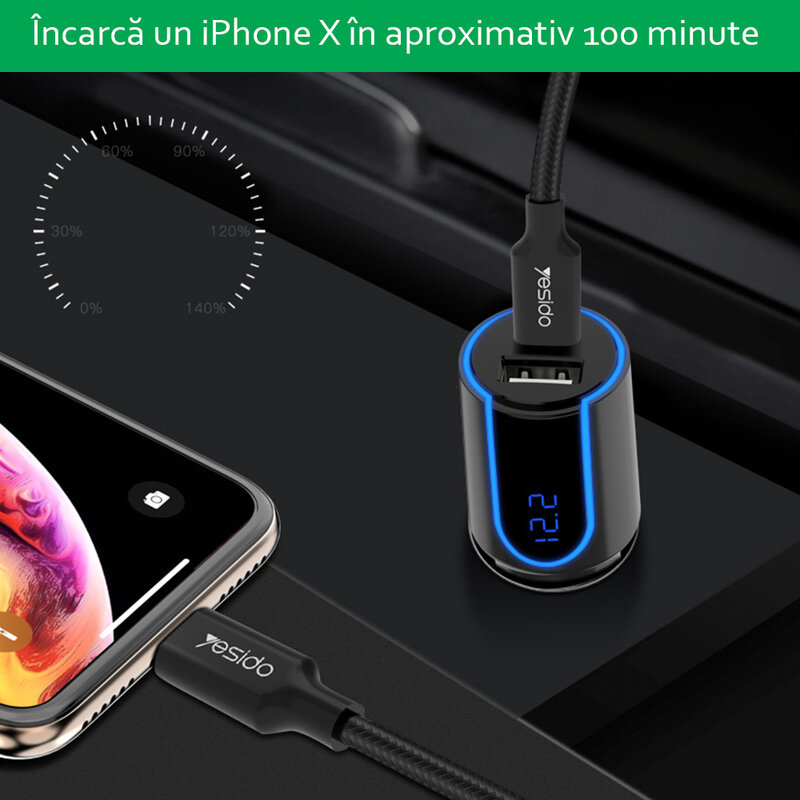 Incarcator auto Yesido Y32, USB QC3.0 18W, Type-C PD 18W, 3A, negru