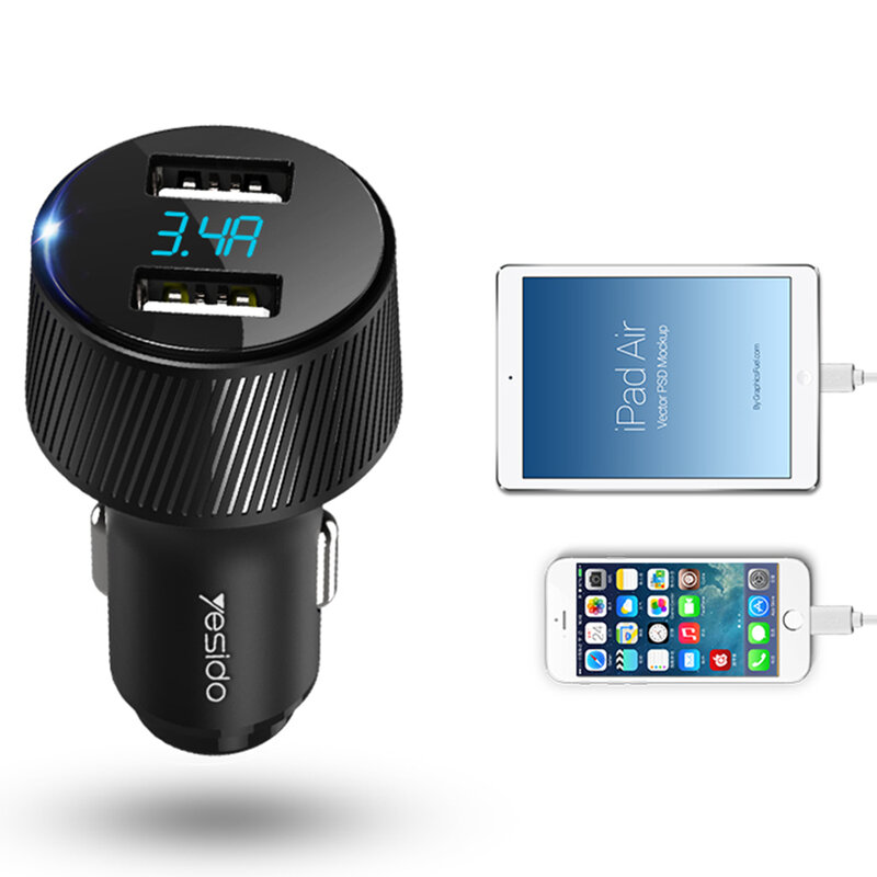 Incarcator auto Yesido Y31, 2x USB, 18W, 3.4A, afisaj LED, negru