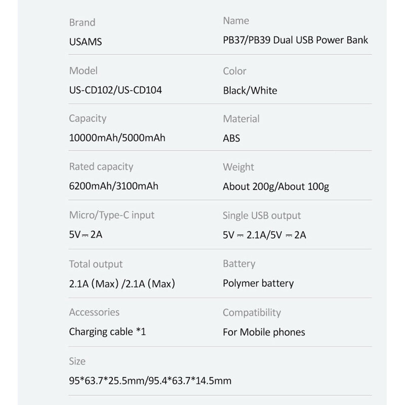 Baterie externa Usams PB39, 5000mAh, 2x USB, Type-C, 2A, negru