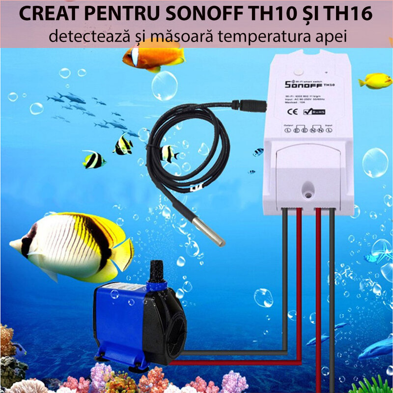 Senzor de temperatura Wi-Fi, Sonoff DS18B20, waterproof, 1m, negru