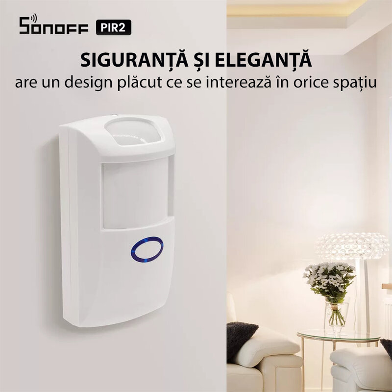 Senzor de miscare wireless Sonoff PIR2, Wi-Fi, 12m, 110 grade, alb