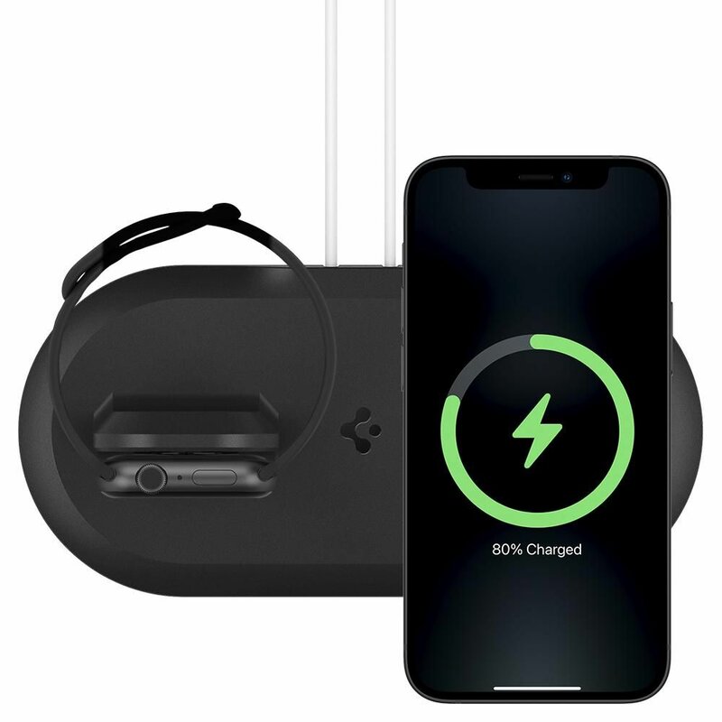 Suport birou incarcator iPhone 12 wireless MagSafe, Apple Watch Spigen, negru