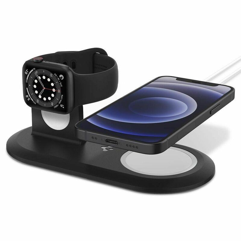 Suport birou incarcator iPhone 12 wireless MagSafe, Apple Watch Spigen, negru