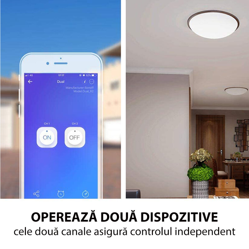 Releu wireless Sonoff Dual R2, Wi-Fi IoT, 2 canale, 10A, alb