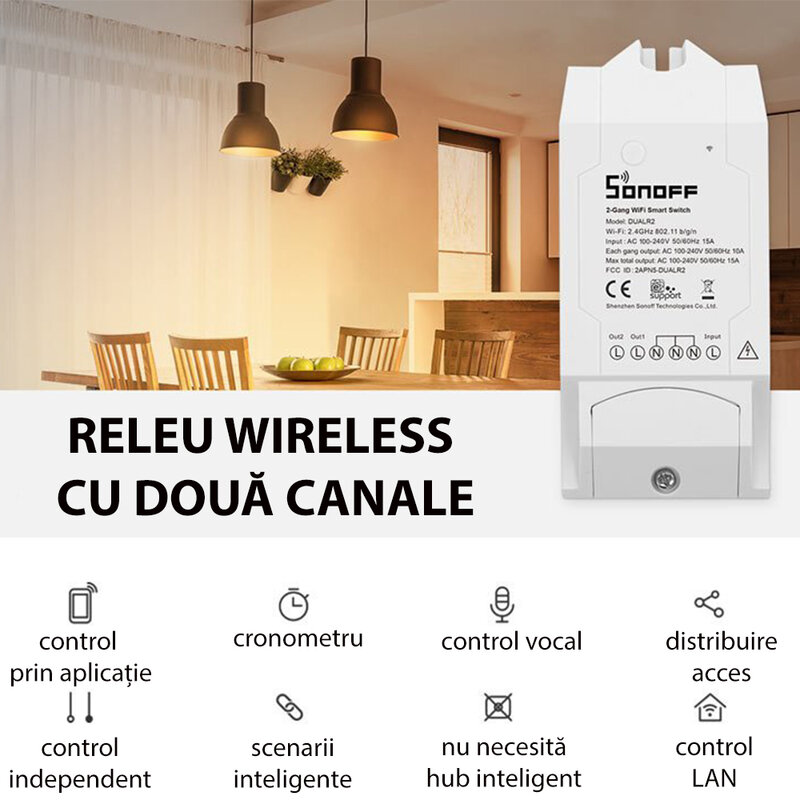 Releu wireless Sonoff Dual R2, Wi-Fi IoT, 2 canale, 10A, alb